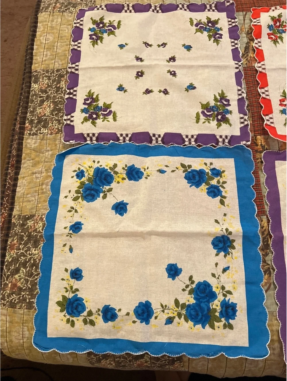 Vintage Floral Cotton Handkerchiefs Set of 6 with Scalloped Edges